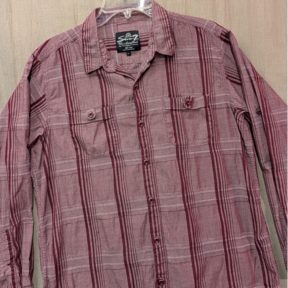 Seven7 Mens Long Sleeve Button Down Shirt Burgundy Red Striped Cotton Large